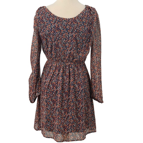 Doe‎ & Rae Long Sleeve Navy Multi Floral Chiffon Lined Mini Dress Size S - Picture 1 of 9